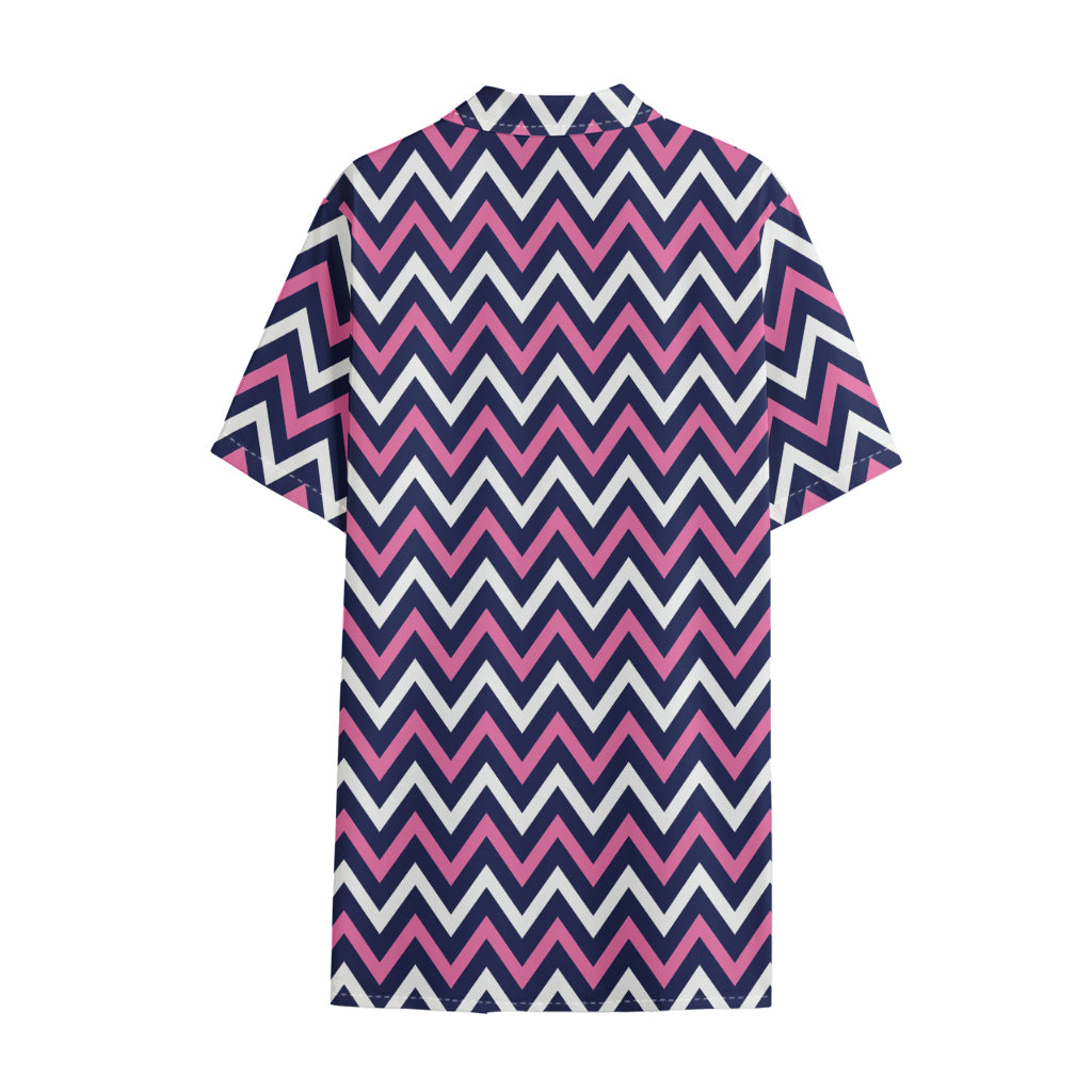 Navy Pink And White Chevron Print Cotton Hawaiian Shirt