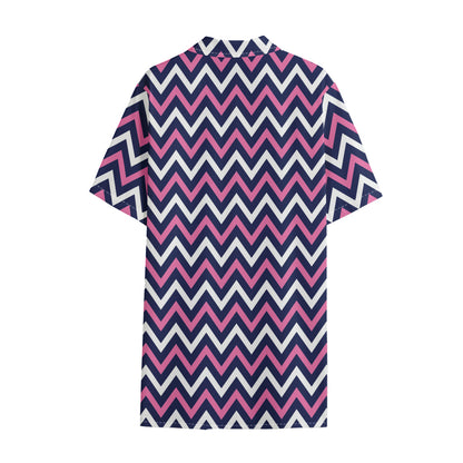 Navy Pink And White Chevron Print Cotton Hawaiian Shirt