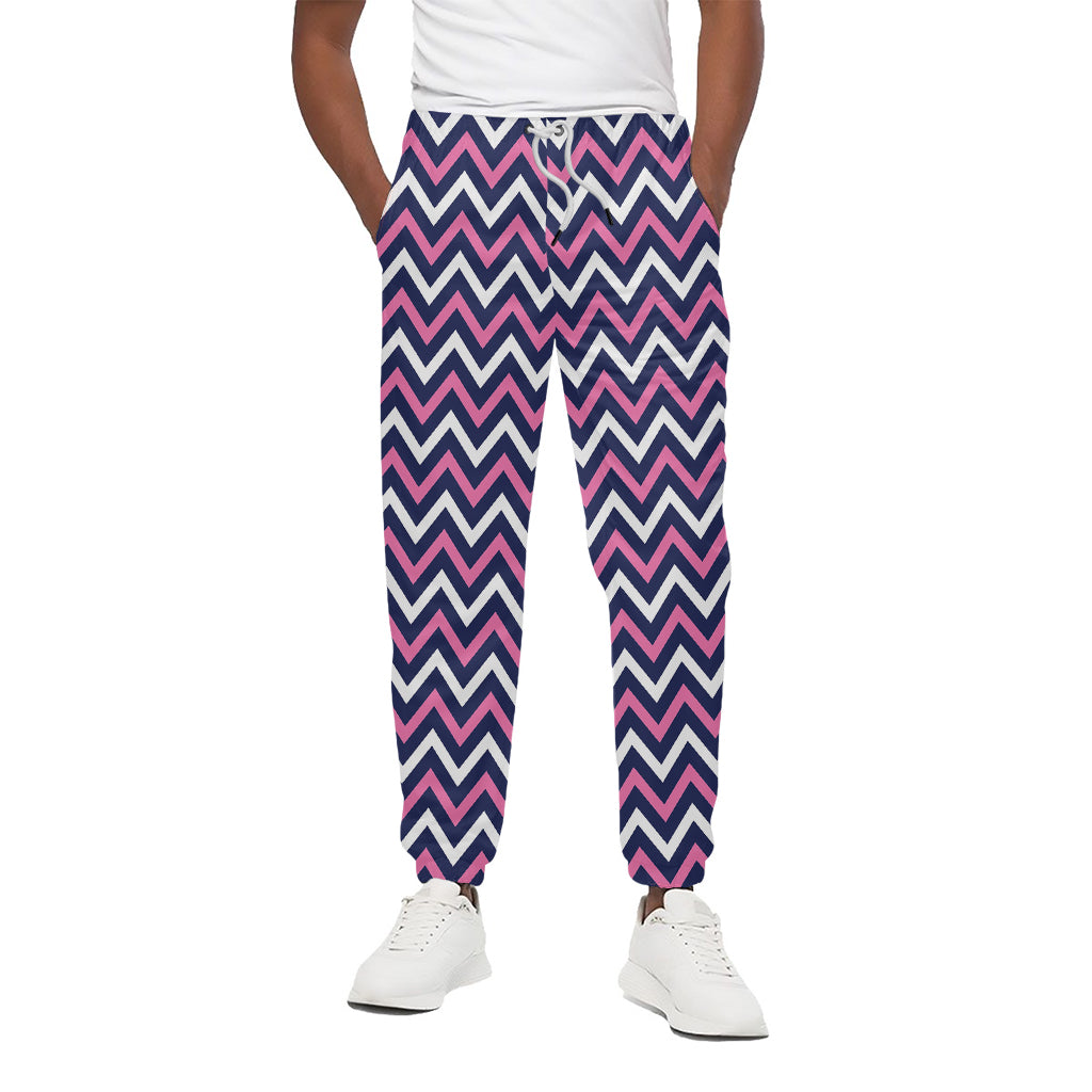Navy Pink And White Chevron Print Cotton Pants