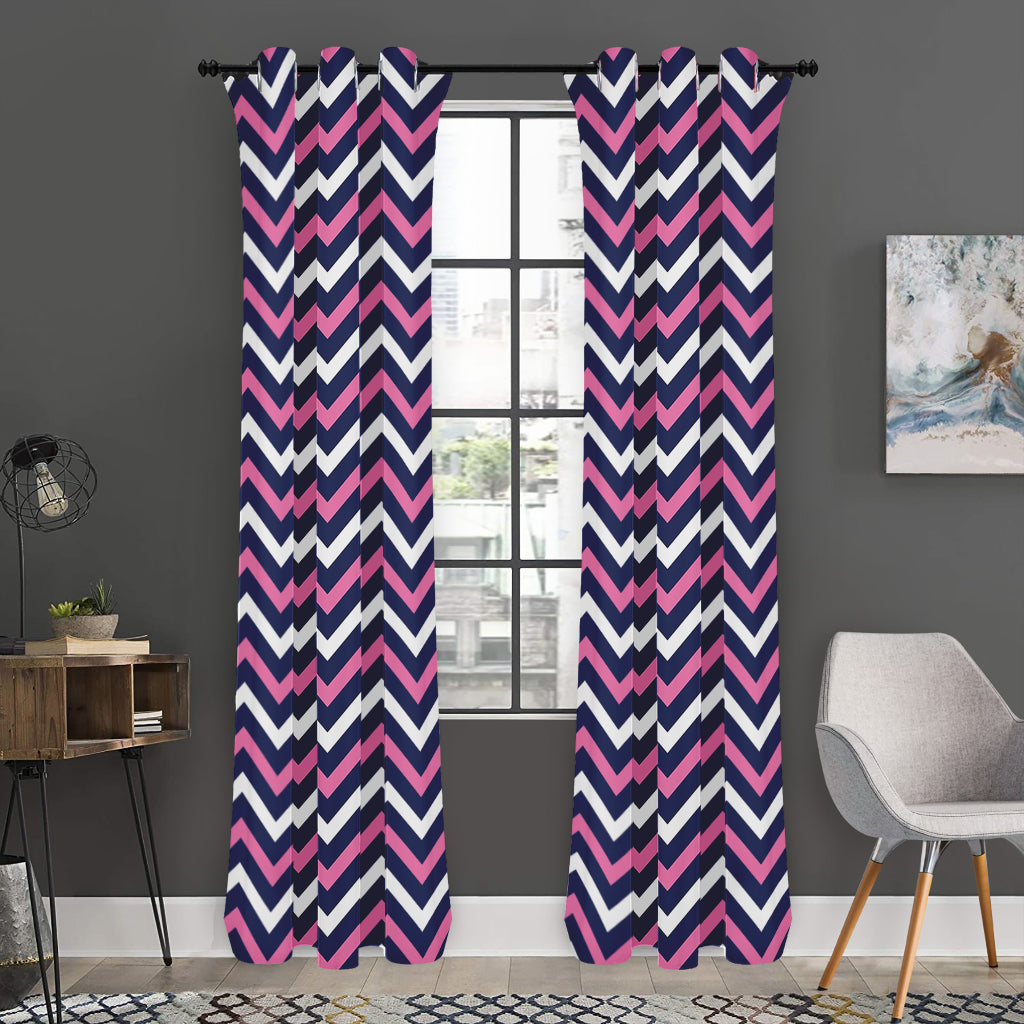 Navy Pink And White Chevron Print Curtain