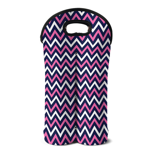 Navy Pink And White Chevron Print Double Neoprene Wine Tote