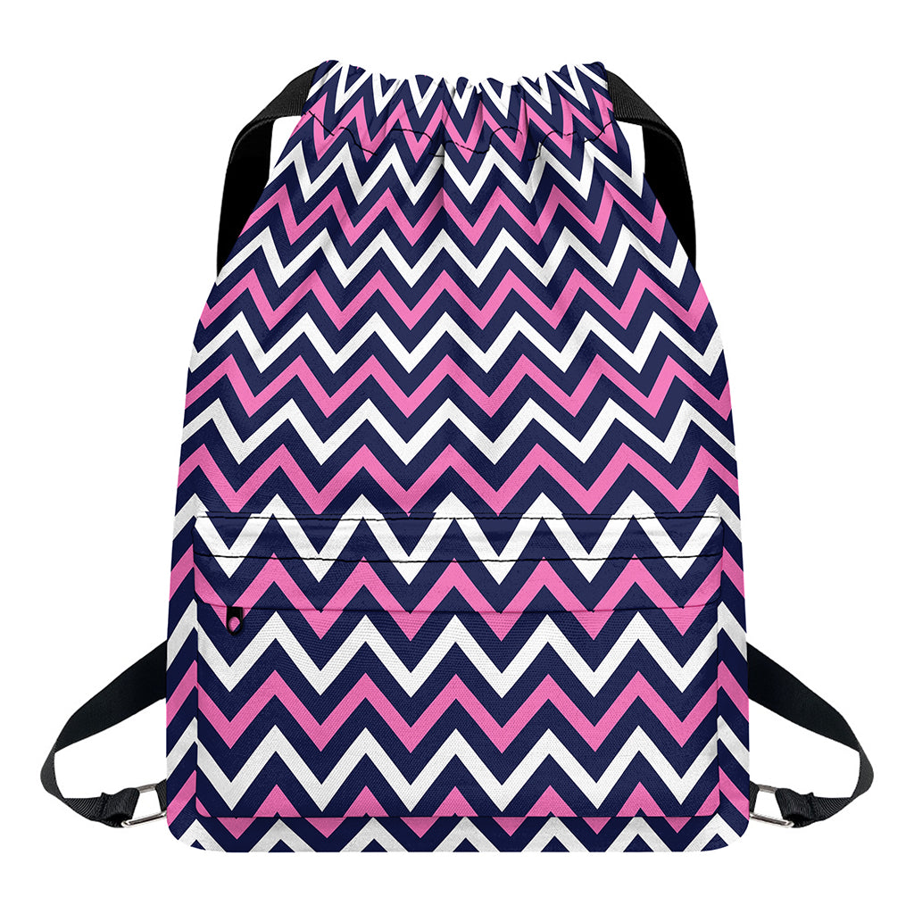 Navy Pink And White Chevron Print Drawstring Backpack