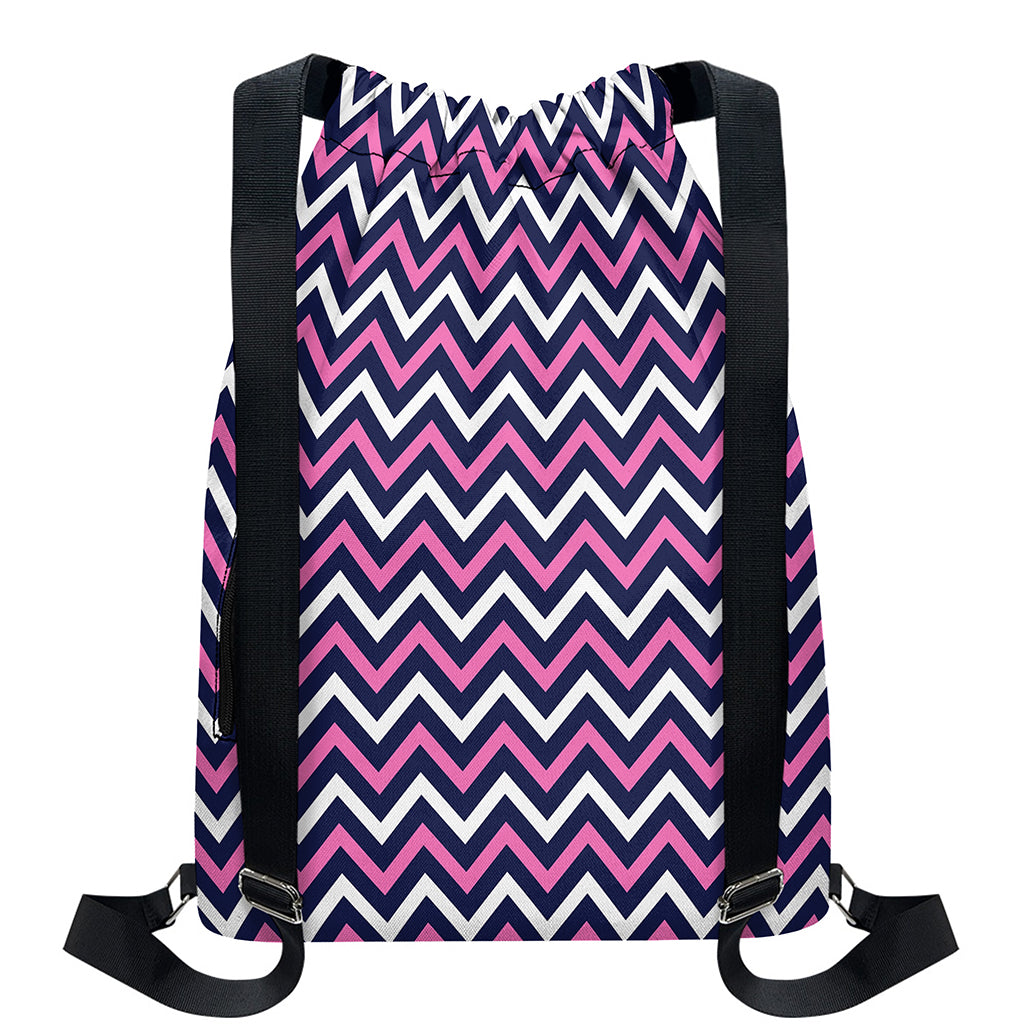 Navy Pink And White Chevron Print Drawstring Backpack