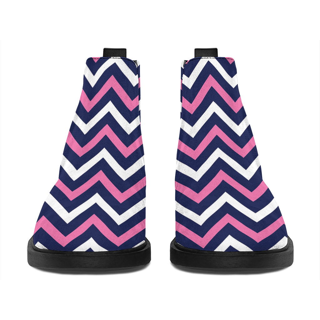 Navy Pink And White Chevron Print Flat Ankle Boots