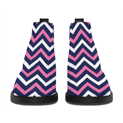 Navy Pink And White Chevron Print Flat Ankle Boots
