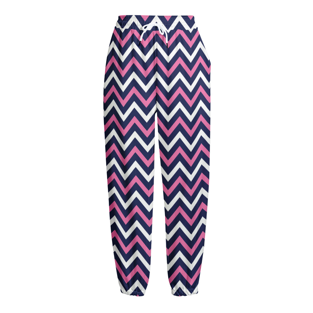 Navy Pink And White Chevron Print Fleece Lined Knit Pants