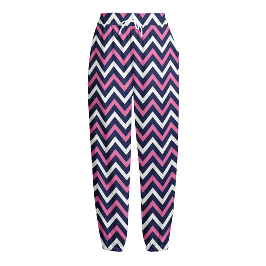 Navy Pink And White Chevron Print Fleece Lined Knit Pants