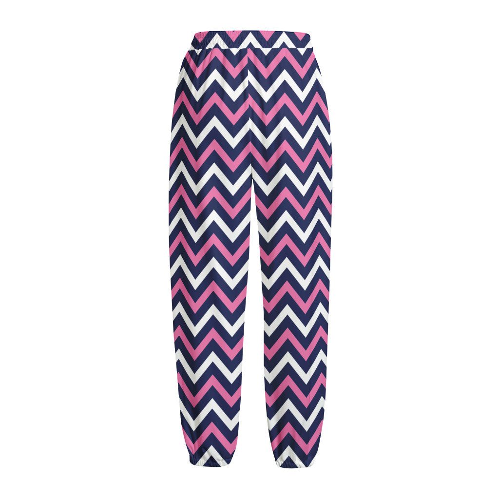 Navy Pink And White Chevron Print Fleece Lined Knit Pants