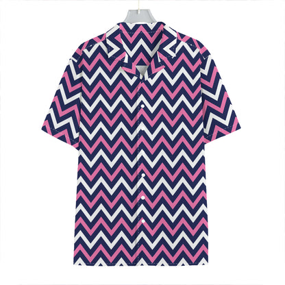 Navy Pink And White Chevron Print Hawaiian Shirt