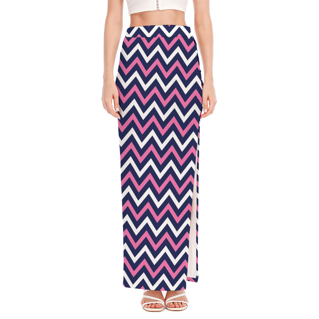Navy Pink And White Chevron Print High Slit Maxi Skirt