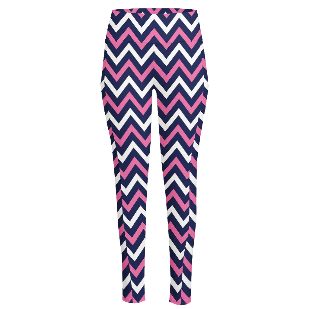 Navy Pink And White Chevron Print High-Waisted Pocket Leggings