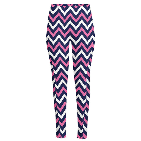 Navy Pink And White Chevron Print High-Waisted Pocket Leggings