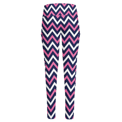 Navy Pink And White Chevron Print High-Waisted Pocket Leggings