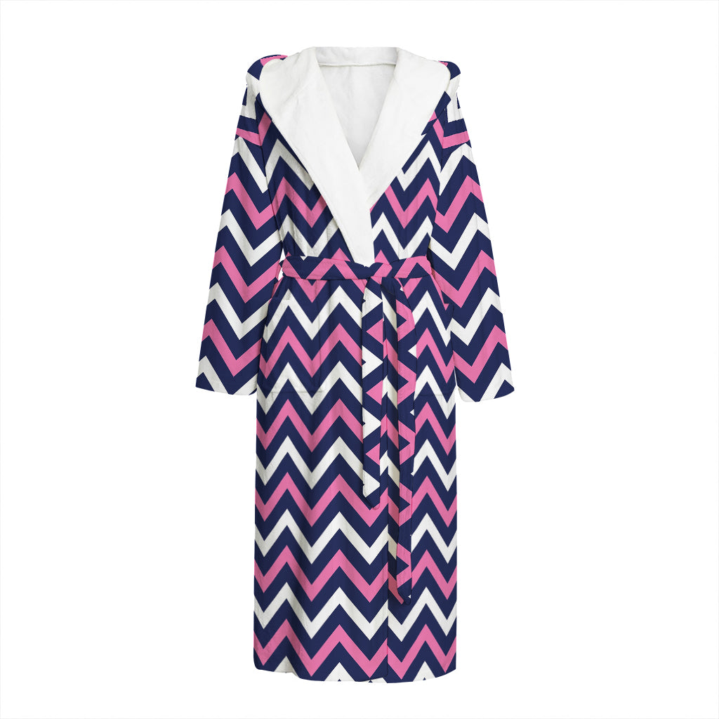 Navy Pink And White Chevron Print Hooded Bathrobe