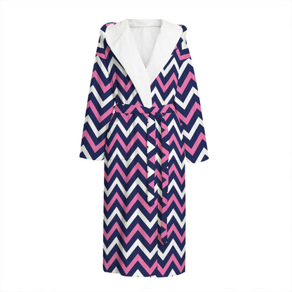 Navy Pink And White Chevron Print Hooded Bathrobe