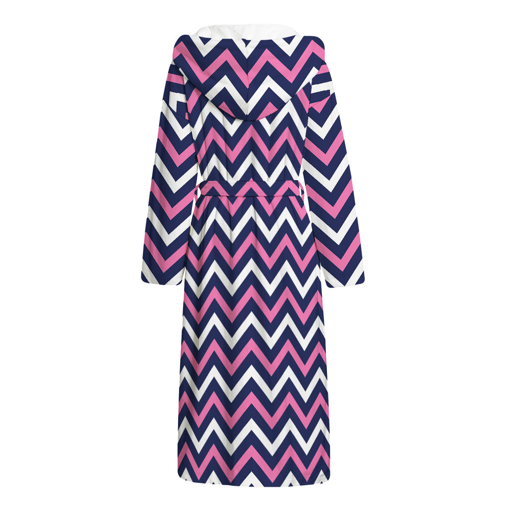 Navy Pink And White Chevron Print Hooded Bathrobe
