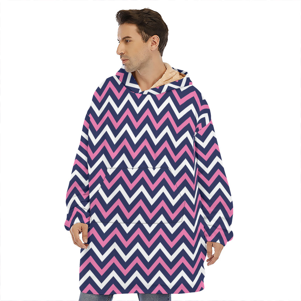 Navy Pink And White Chevron Print Hoodie Blanket