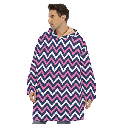 Navy Pink And White Chevron Print Hoodie Blanket