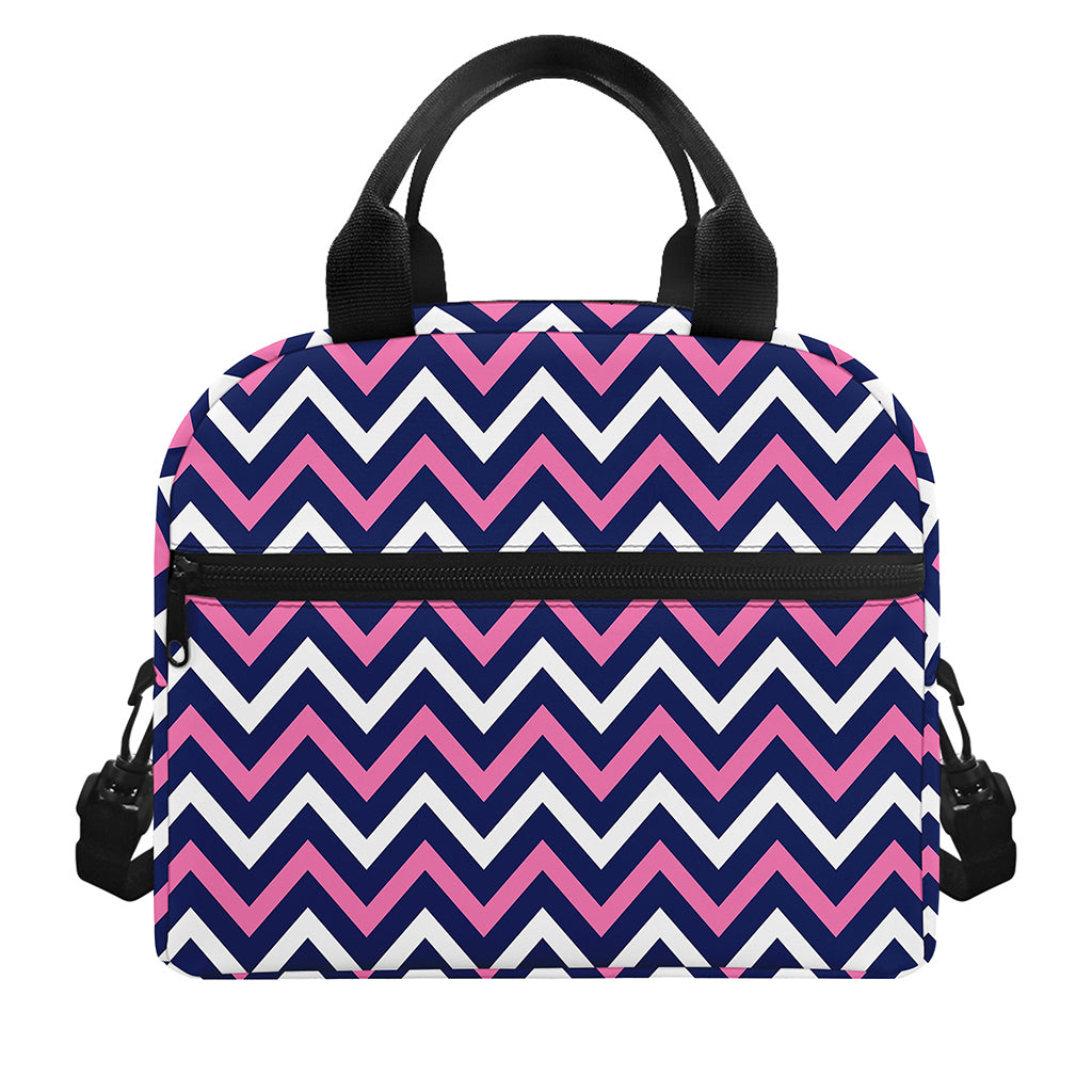 Navy Pink And White Chevron Print Insulated Lunch Bag