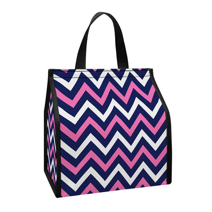 Navy Pink And White Chevron Print Insulated Lunch Tote
