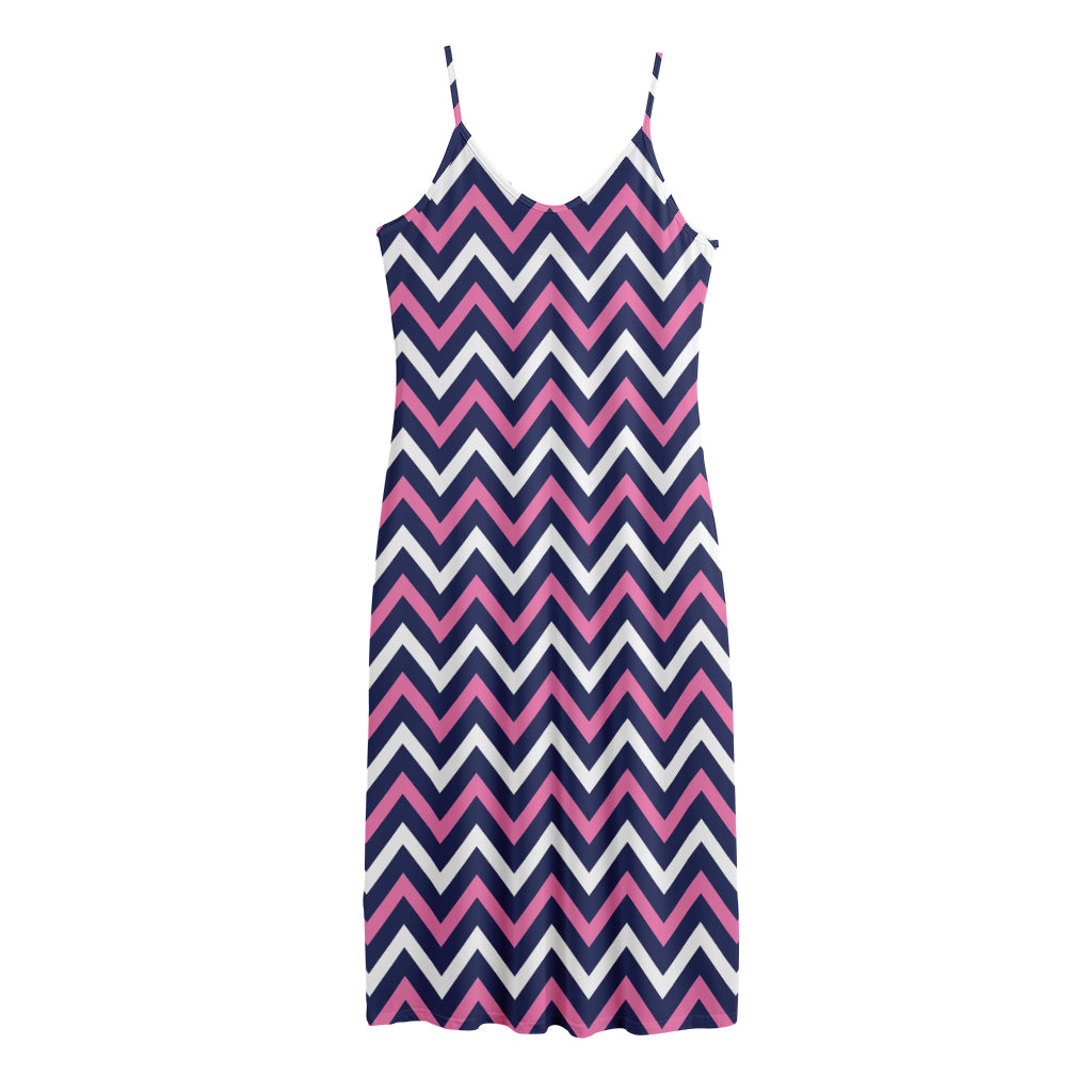 Navy Pink And White Chevron Print Jersey Midi Cami Dress