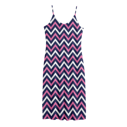 Navy Pink And White Chevron Print Jersey Midi Cami Dress