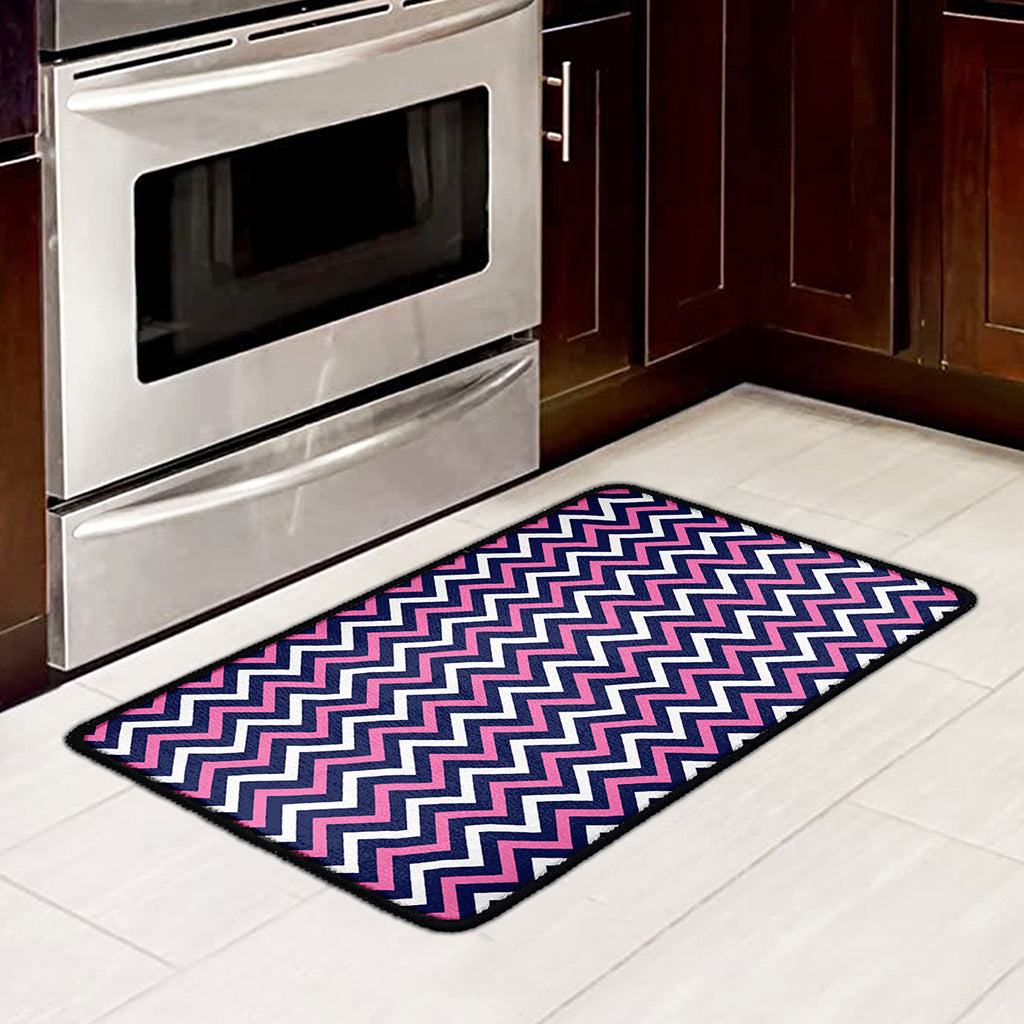 Navy Pink And White Chevron Print Kitchen Mat