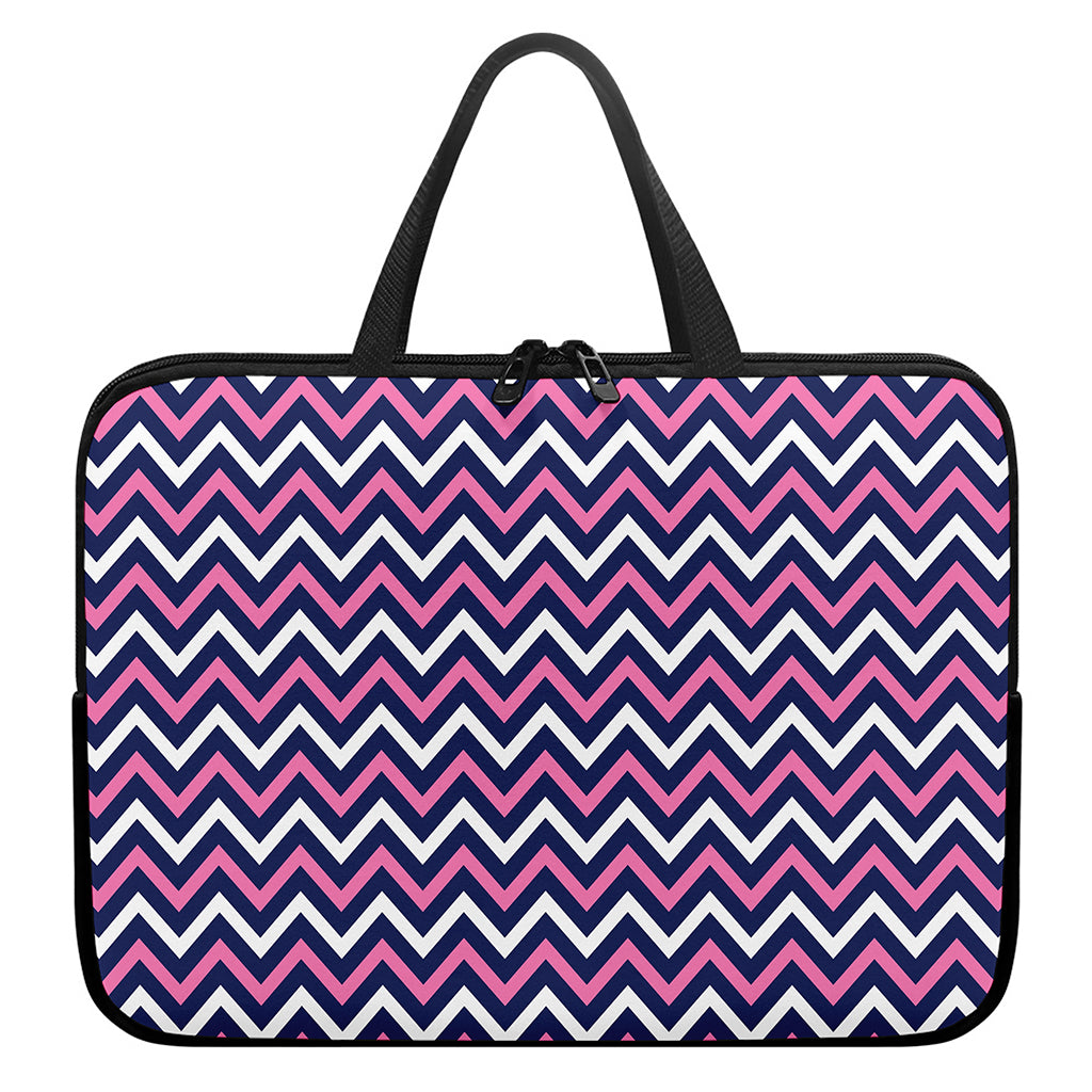 Navy Pink And White Chevron Print Laptop Sleeve With Handle
