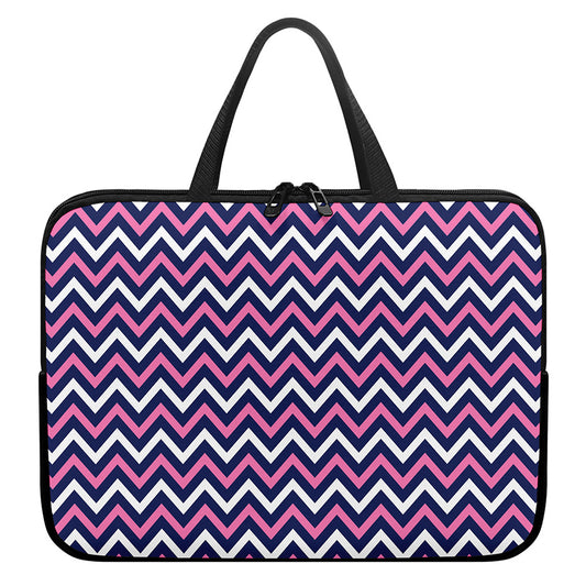 Navy Pink And White Chevron Print Laptop Sleeve With Handle