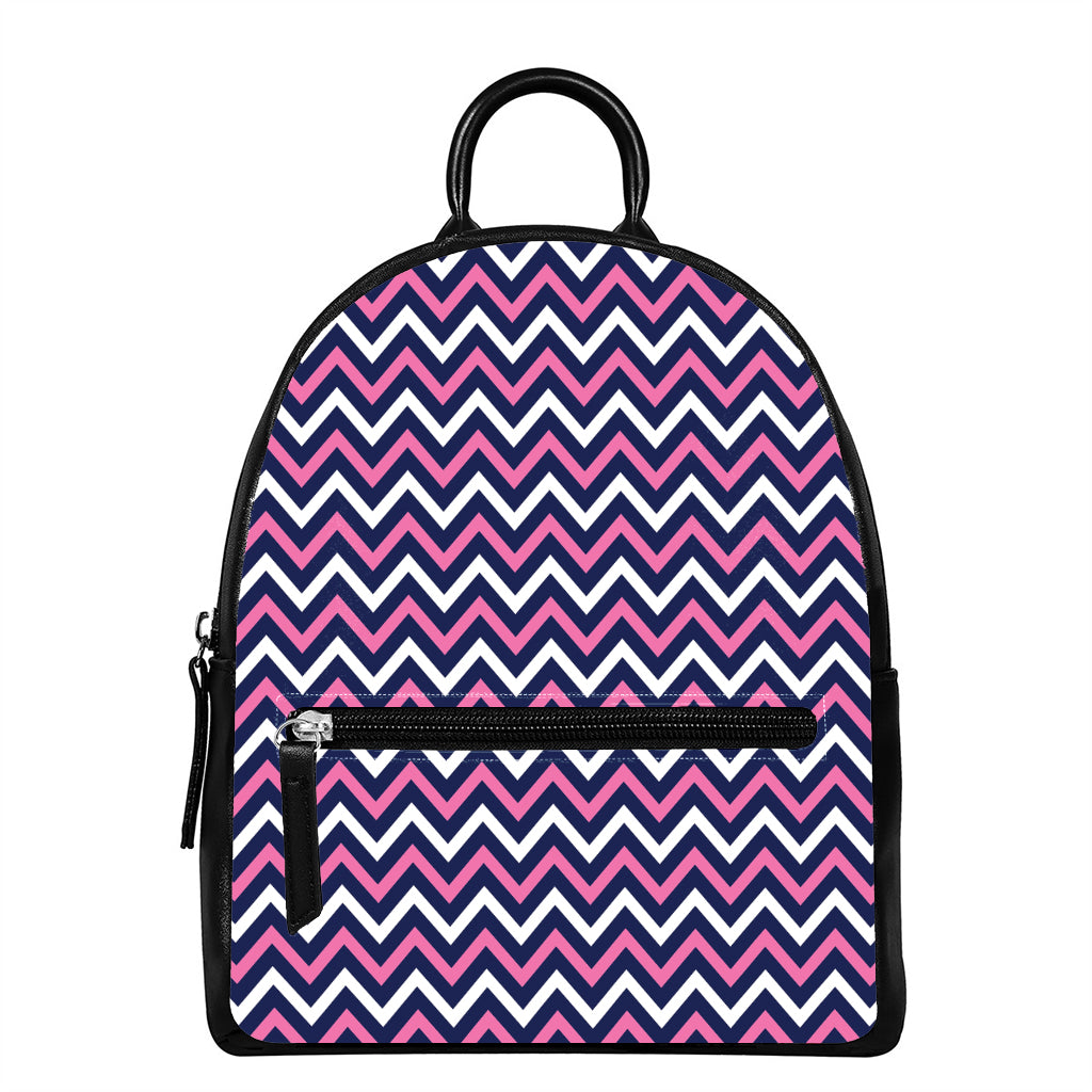 Navy Pink And White Chevron Print Leather Backpack