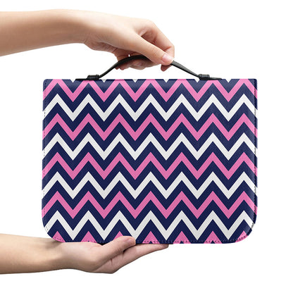 Navy Pink And White Chevron Print Leather Bible Cover