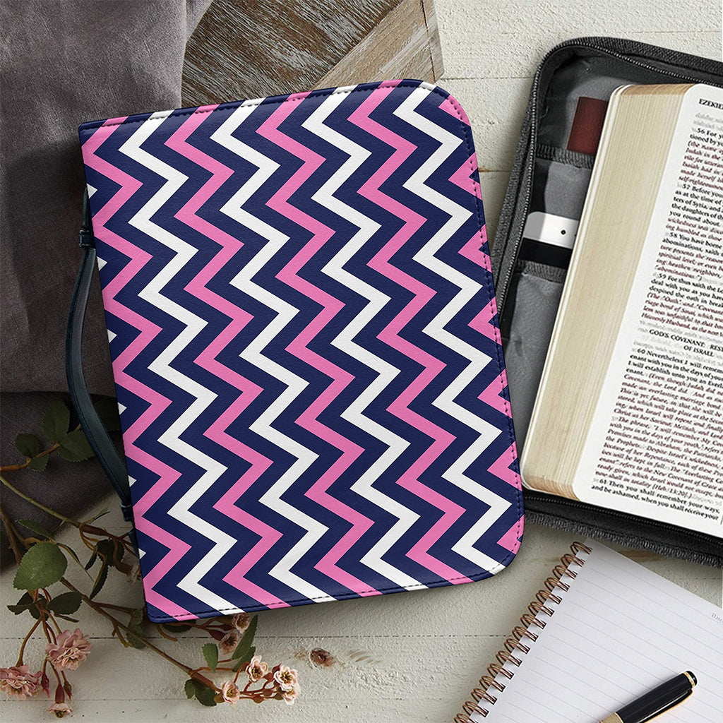 Navy Pink And White Chevron Print Leather Bible Cover