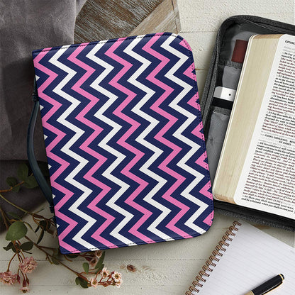 Navy Pink And White Chevron Print Leather Bible Cover