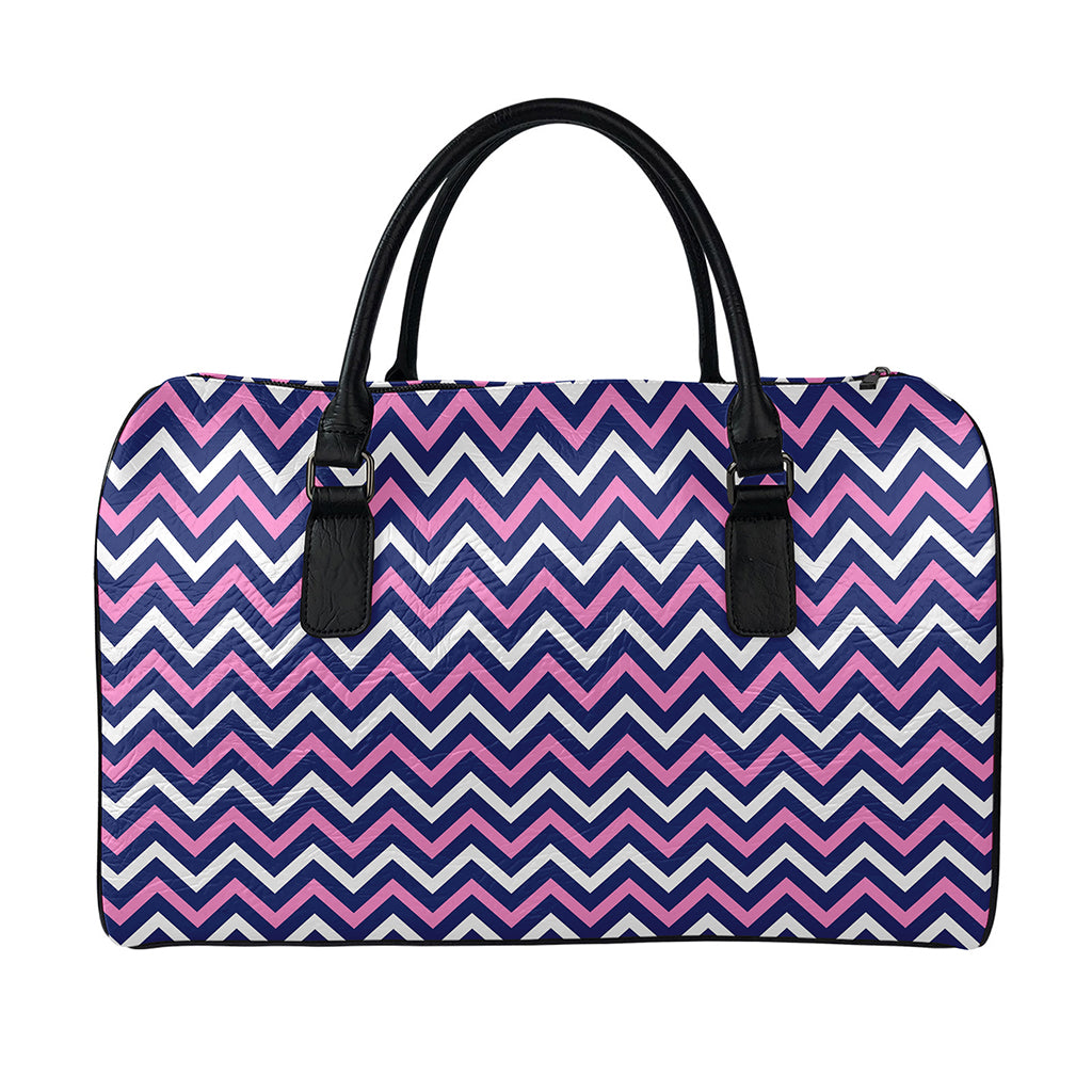 Navy Pink And White Chevron Print Leather Duffle Bag