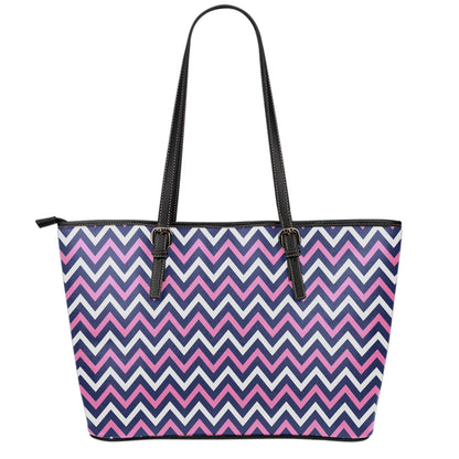 Navy Pink And White Chevron Print Leather Tote Bag