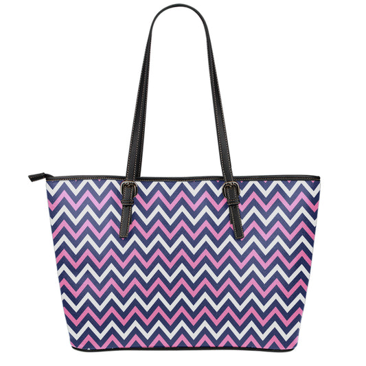 Navy Pink And White Chevron Print Leather Tote Bag