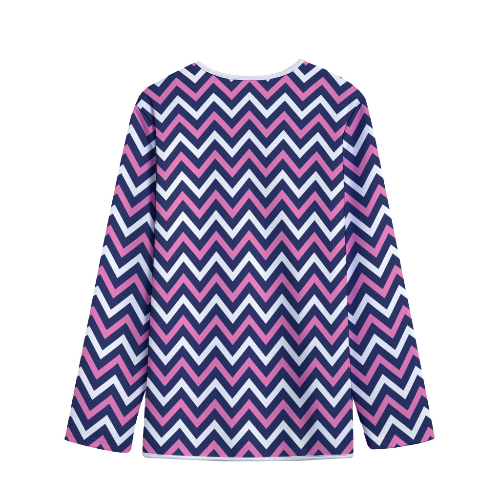 Navy Pink And White Chevron Print Long Sleeve Short Coat