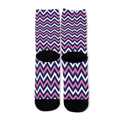 Navy Pink And White Chevron Print Long Socks