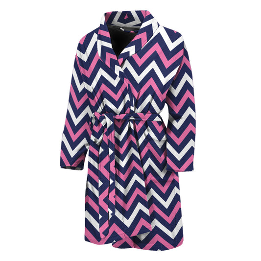 Navy Pink And White Chevron Print Men's Bathrobe