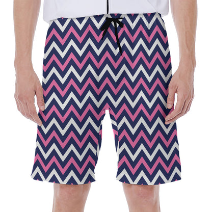 Navy Pink And White Chevron Print Men's Beach Shorts