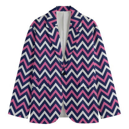 Navy Pink And White Chevron Print Men's Cotton Blazer
