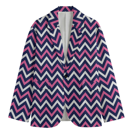 Navy Pink And White Chevron Print Men's Cotton Blazer