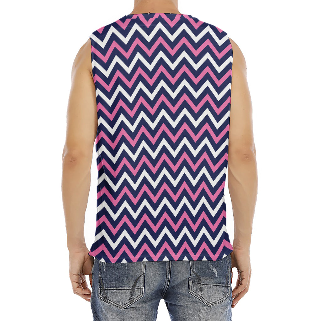 Navy Pink And White Chevron Print Men's Fitness Tank Top
