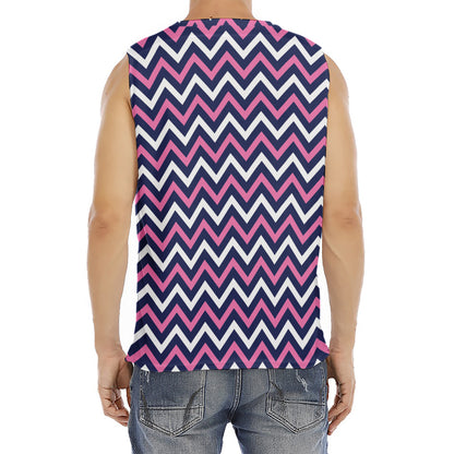 Navy Pink And White Chevron Print Men's Fitness Tank Top