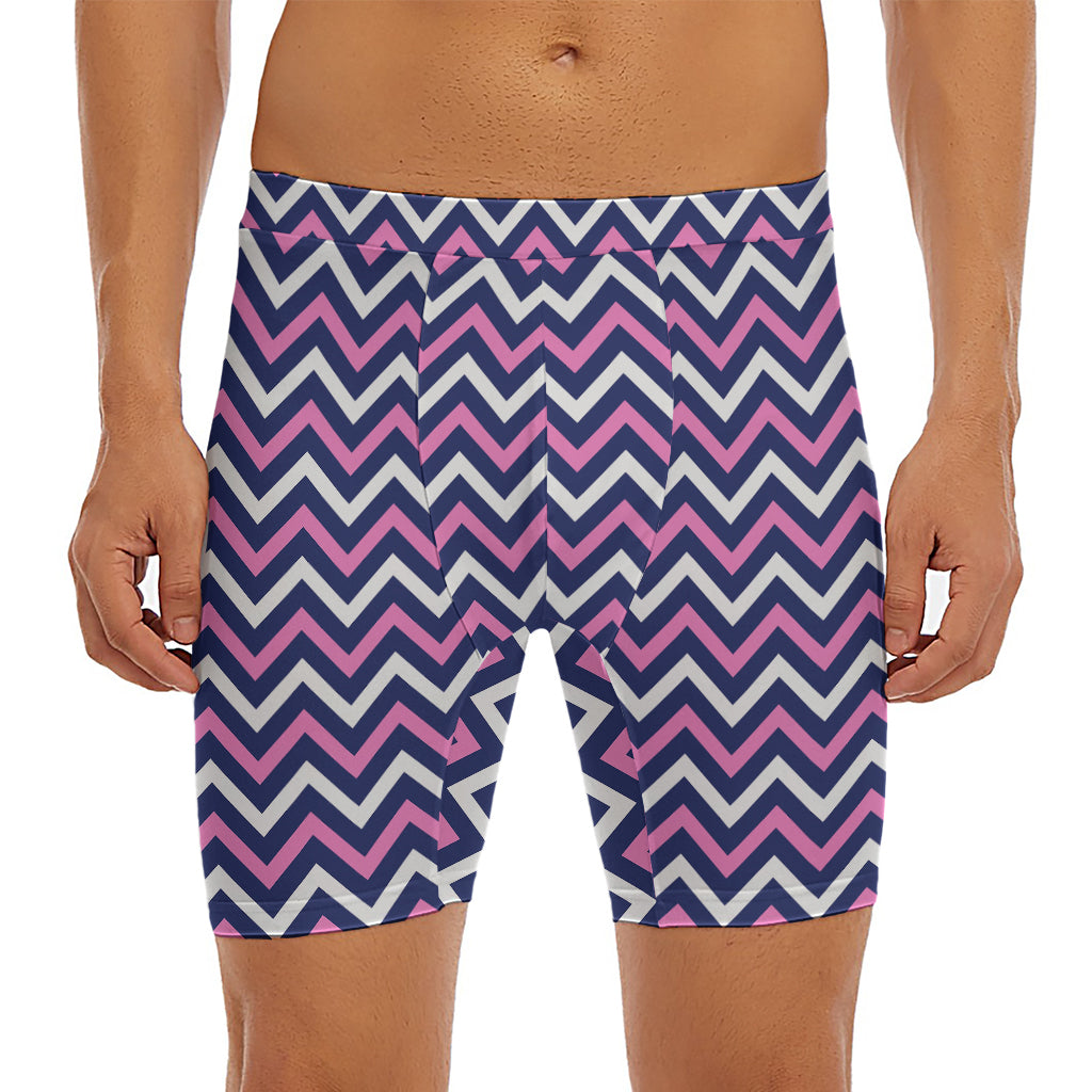 Navy Pink And White Chevron Print Men's Long Boxer Briefs