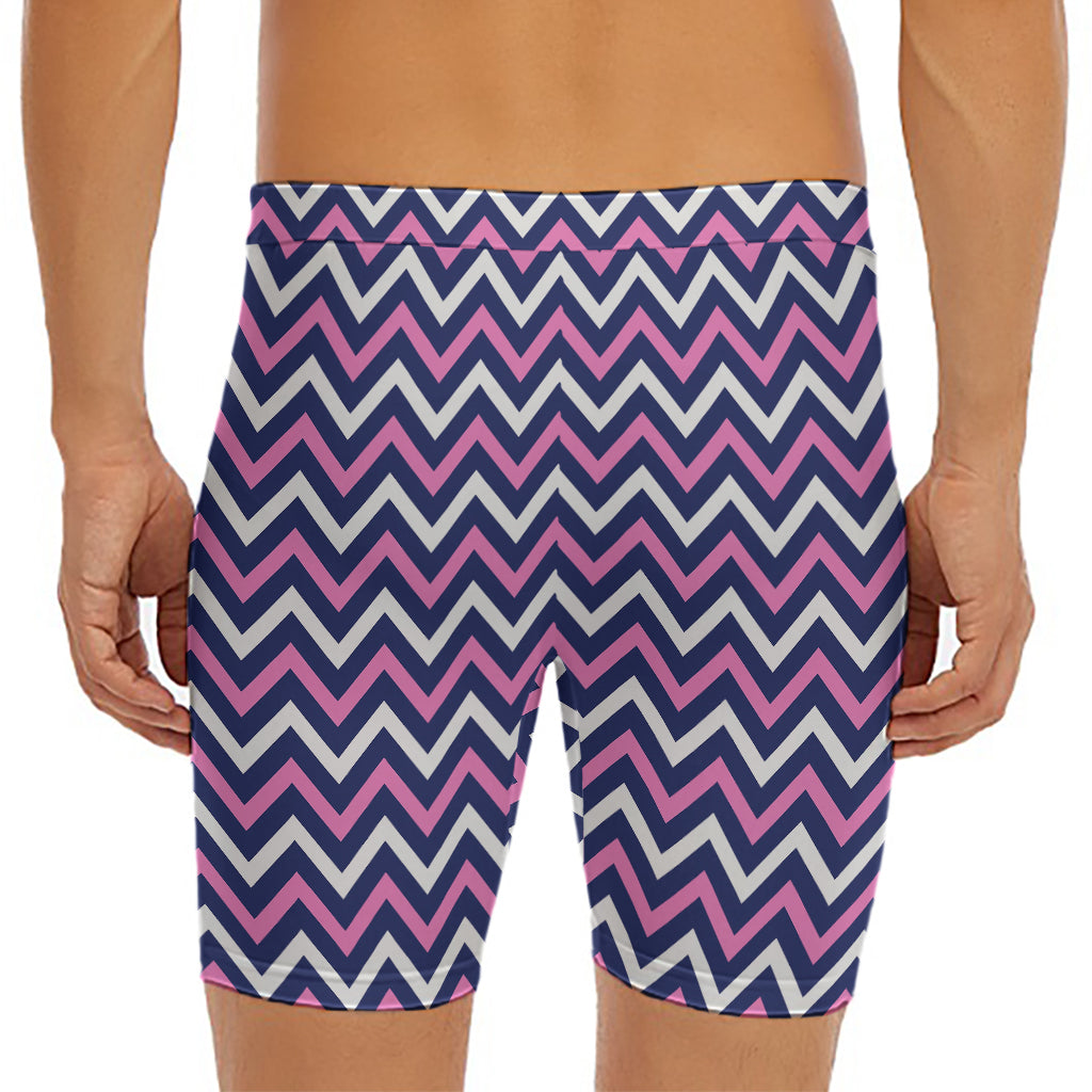Navy Pink And White Chevron Print Men's Long Boxer Briefs