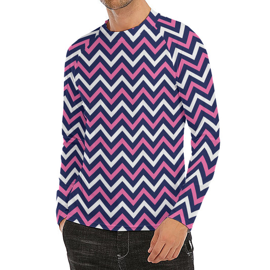 Navy Pink And White Chevron Print Men's Long Sleeve Rash Guard