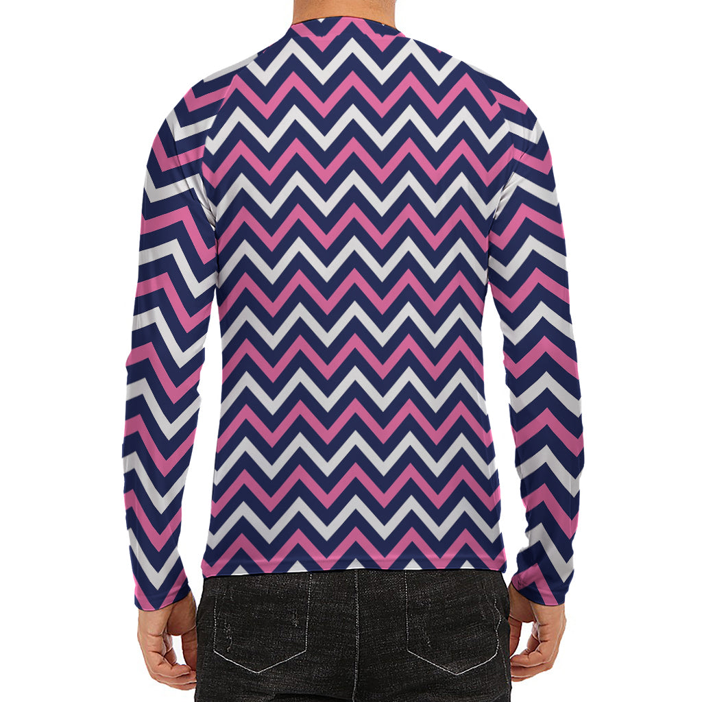 Navy Pink And White Chevron Print Men's Long Sleeve Rash Guard