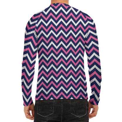 Navy Pink And White Chevron Print Men's Long Sleeve Rash Guard