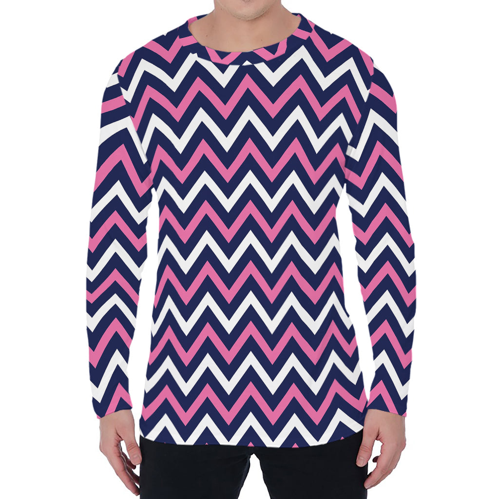 Navy Pink And White Chevron Print Men's Long Sleeve T-Shirt